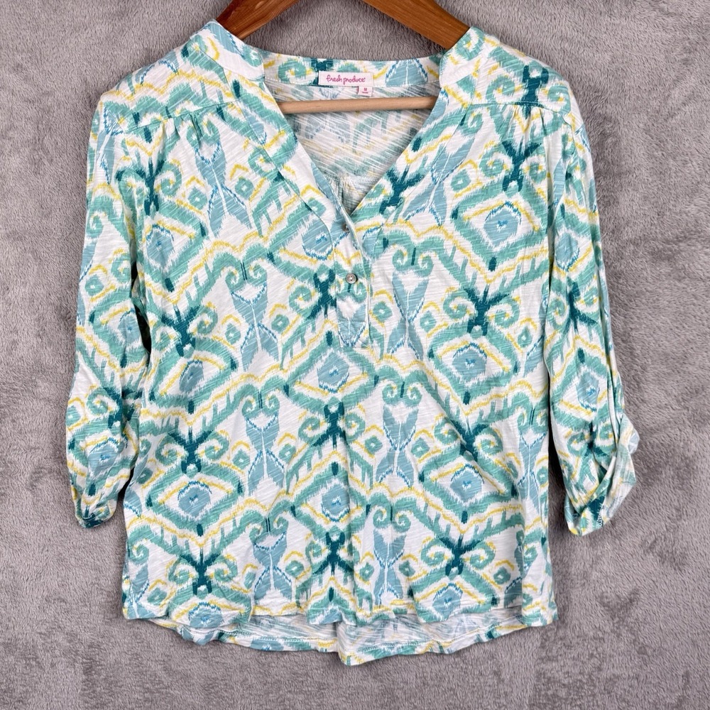 Fresh Produce Top Womens M Aqua White Ikat Print 3/4 Sleeve Cotton USA Resort